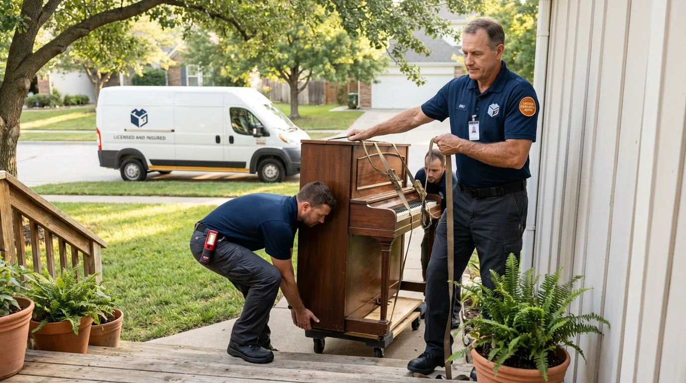Licensed piano movers securing grand piano in Shoemakersville, PA