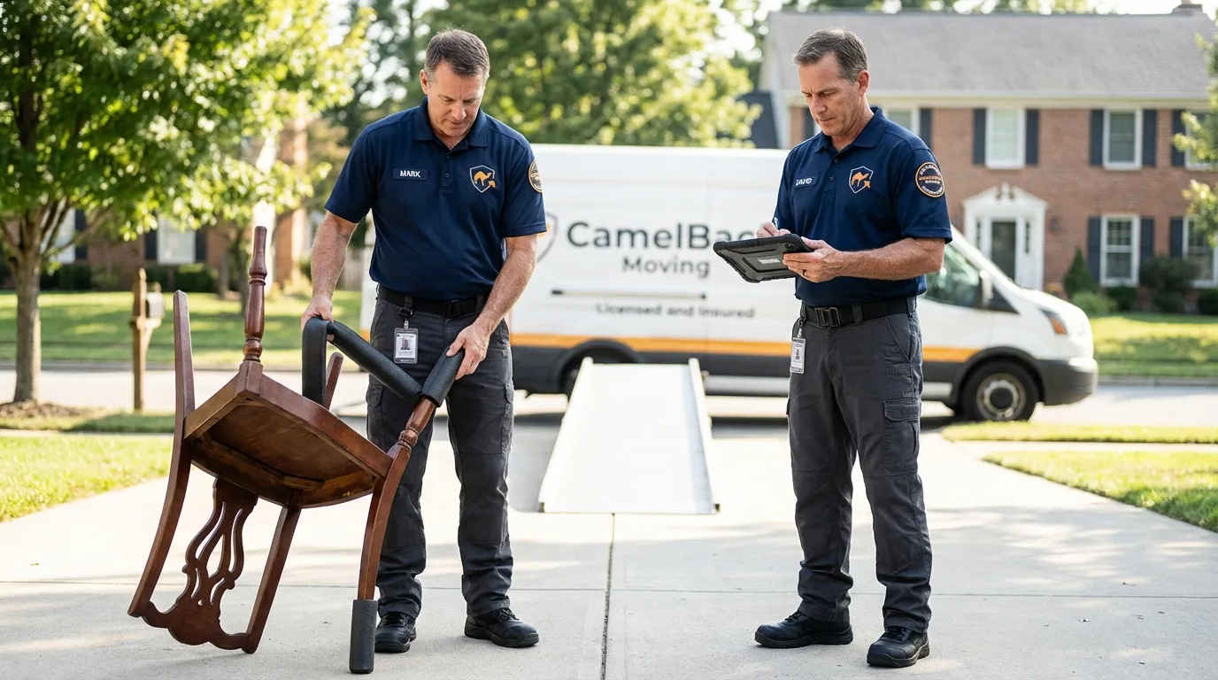 Movers inspecting furniture for damage prevention before loading in Shoemakersville, PA