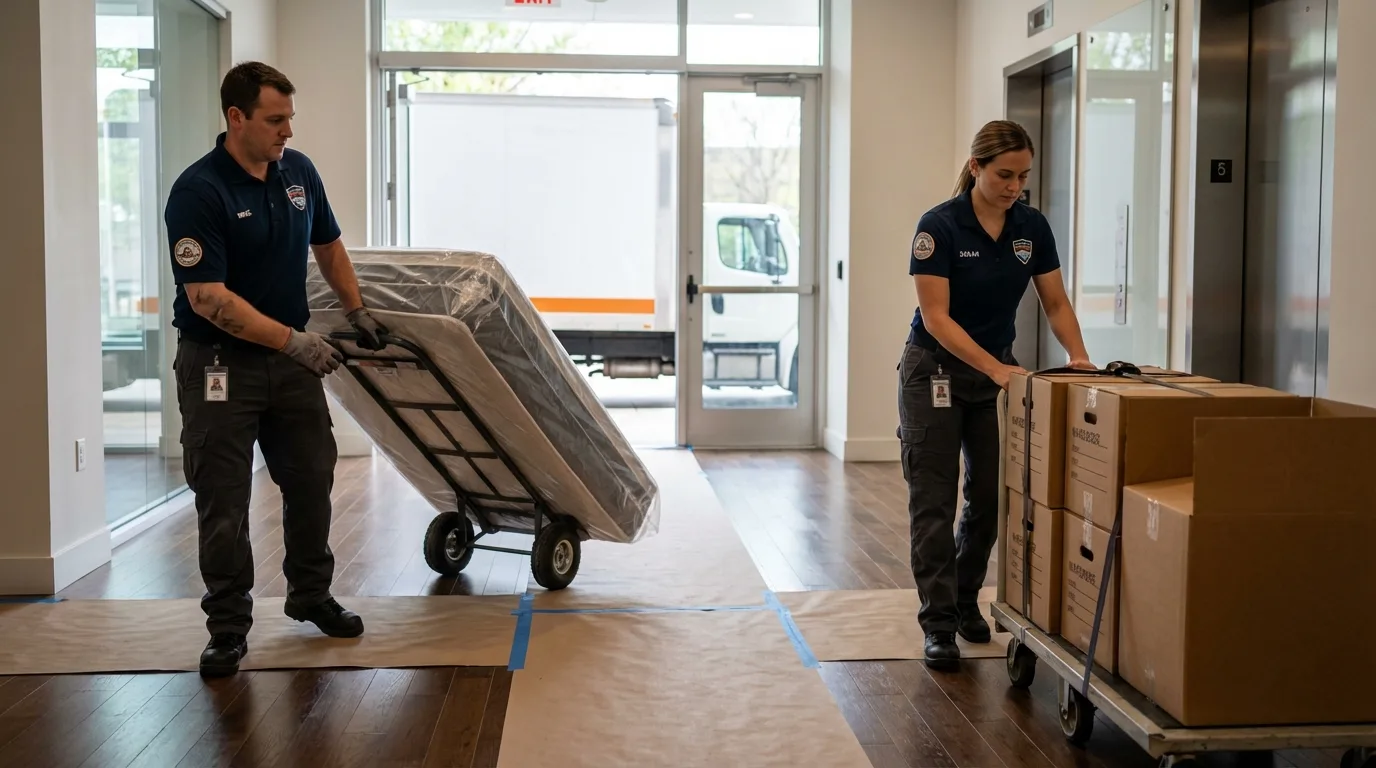 Professional apartment movers loading elevator in Shoemakersville, PA