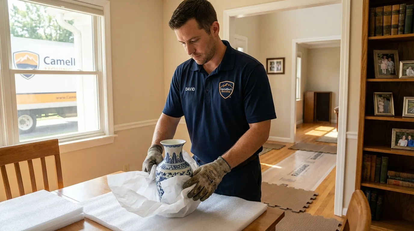 Professional crew carefully wrapping antique vase for senior downsizing move in Shoemakersville, PA